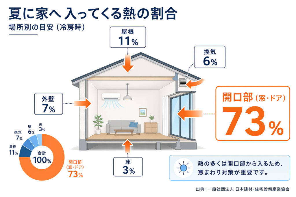 夏に家に入ってくる熱の割合図